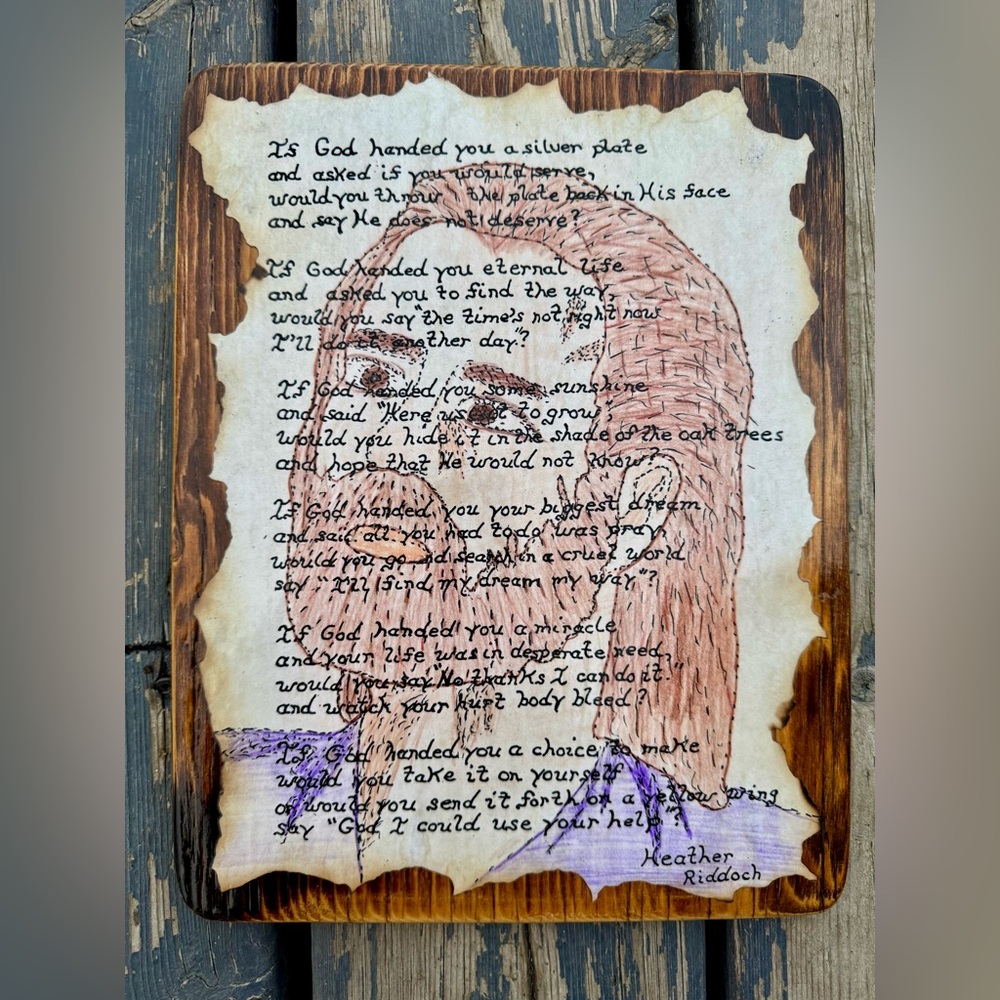 🕯️Vintage 1980s Handwritten Poem & Portrait Art on Burned Wood — Signed Original